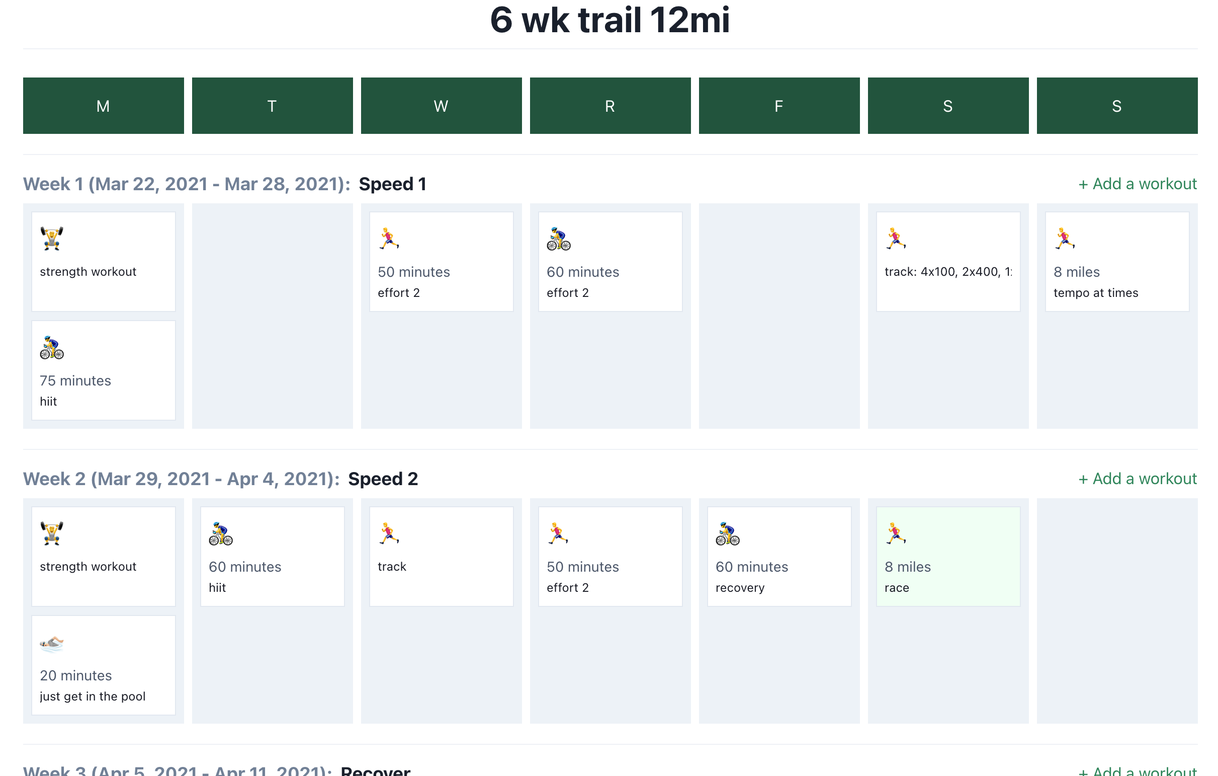 My training journal app, showing two weeks worth of workouts, with a race highlighted